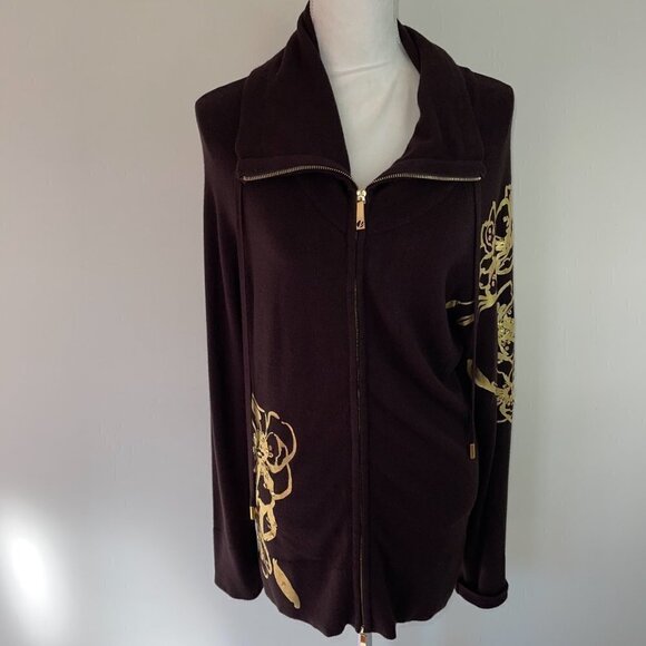 Cache Jacket Large L Womens Vintage Floral Knit Zipper Front Brown Gold Metallic - Picture 14 of 14